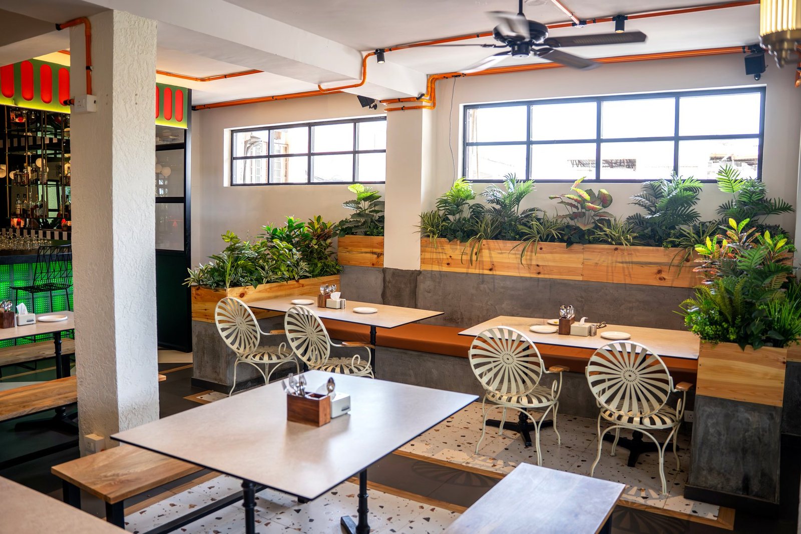 Booth seating with greenery